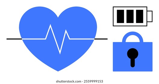 Blue heart with heartbeat line battery icon and lock. Ideal for health wellness energy security and medical themes. Minimalist vector style. Blue and black colors