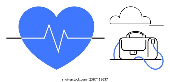 Blue heart with heartbeat line, briefcase, and cloud. Ideal for health, wellness, work-life balance, medical, business, technology, and relaxation themes. Line metaphor