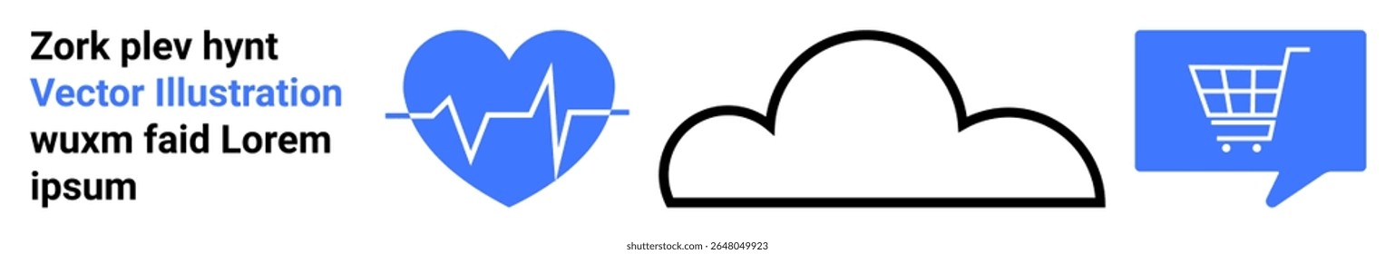 Blue heart with heartbeat line, cloud symbol, and shopping cart in blue chat bubble. Ideal for wellness, technology, ecommerce, digital marketing, user interface, applications, and websites. Landing