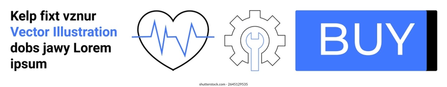 Blue heart with heartbeat line, gear with wrench, and blue BUY button. Ideal for healthcare, tech support, online shopping, digital solutions, ecommerce, maintenance services, website design. Landing