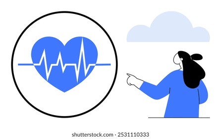 Blue heart with heartbeat line inside circle next to woman pointing at cloudy sky. Ideal for health, wellness, cardiology, healthcare, and fitness. Simple modern style