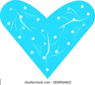 blue heart with ice patterns and round falling snow object on white background concept of cold season and winter