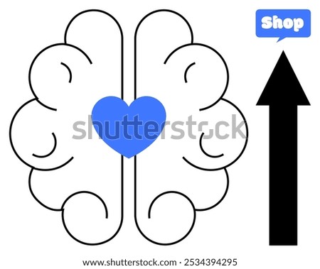 A blue heart inside a brain with an upward pointing arrow represents balance between emotions and logic. Ideal for business growth, love, shopping success, mental health, and inspiration. Simple