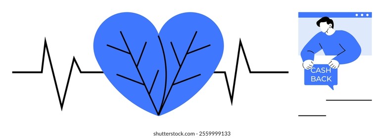 Blue heart integrated with heartbeat line and a man holding a sign that reads Cash Back. Ideal for finance health promotion customer loyalty wellness vector modern clean style