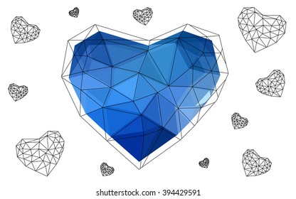 Blue heart isolated on white background. Geometric rumpled triangular low poly origami style gradient graphic illustration. Vector polygonal design for your business.