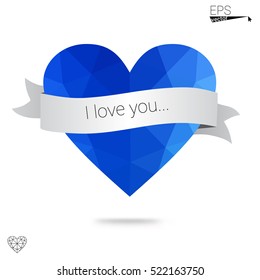 Blue heart isolated on white background. Geometric rumpled triangular low poly origami style gradient graphic illustration. Vector polygonal design for your business.