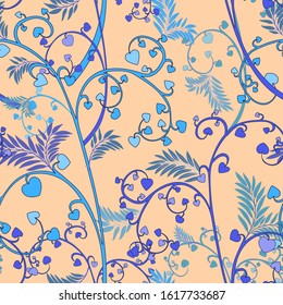 Blue Heart Leaf Seamless Vector. Botanical Wallpaper Design.