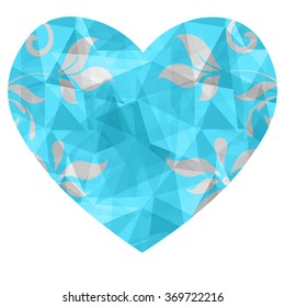 Blue heart in love polygonal low poly with abstract flower on isolated