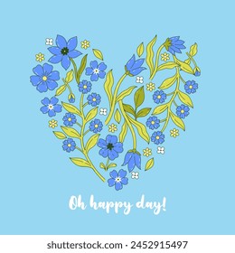 Corazón azul hecho de flores y hojas lindas y una inscripción. Vector gráfico.