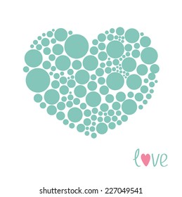 Blue heart made from many round dots Love card Flat design Vector illustration