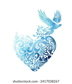 corazón azul hecho de patrones con un pájaro. dibujo a mano. No IA. Feliz Día de San Valentín. Ilustración del vector