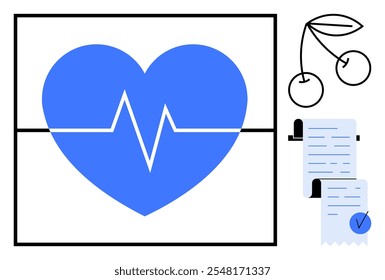 Blue heart with medical line, two cherries, and documents with a checkmark on a white background. Ideal for healthcare, wellness, fitness, healthy eating, medical records. Simple flat style