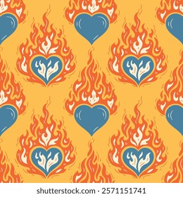 Blue Heart on Fire Seamless Bright Pattern. Burning Heart Symbol of Love for Valentine day design. Hand drawn vector illustration.	
