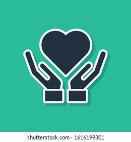 Blue Heart on hand icon isolated on green background. Hand giving love symbol. Valentines day symbol.  Vector Illustration