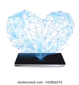 Blue Heart on Screen smartphone,  icon isolated on white background