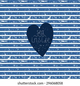 Blue heart on vector striped pattern. Blue-white background. Grunge brushes