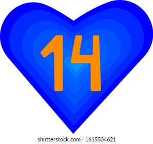 blue heart with orange number fourteen lovers day concept winter holiday symbol on white background