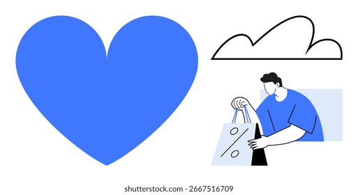 Corazón azul, nube delineada y persona con camisa azul sosteniendo una bolsa de compras con un símbolo de porcentaje. Ideal para el comercio minorista, la satisfacción del Cliente, el comercio electrónico, el marketing, las promociones, el amor y la nube
