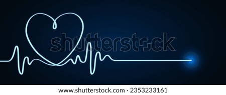 Blue heart and pulse one line hand drawn, cardiogram sign, electrocardiogram heartbeat - stock vector