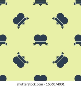 Blue Heart and ribbon icon isolated seamless pattern on yellow background. Romantic symbol linked, join, passion and wedding. Valentine day symbol.  Vector Illustration