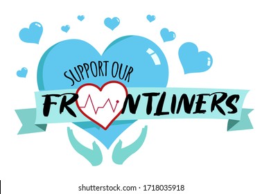 Blue Heart With Ribbon Showing Support To The Coronavirus Pandemic Frontliners. Editable Clip Art.