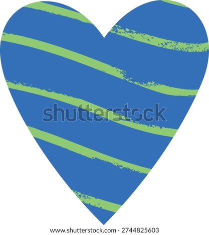 Blue heart shape with green crayon hand painting lines pattern. Paper cut out shape. Scribble love symbol. Abstract kids hand drawing. Childish paint art. Doodle amorous vector graphic silhouette