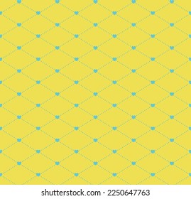Blue heart shape linked with blue dot diamond on yellow background. Happy Valentine's day. Heart pattern on yellow backdrop.
