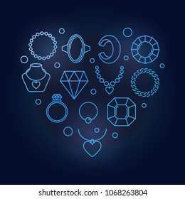 Blue heart shape made of jewelry linear icons. Vector bright jewellery concept minimal illustration on dark background