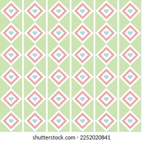 Blue heart shape on pink and white square with white vertical line pattern on green background. Happy Valentine's day. Heart pattern on green backdrop.