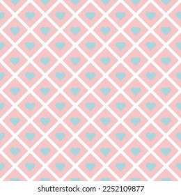 Forma de corazón azul sobre fondo cuadrado rosa y blanco. Feliz Día de San Valentín. Patrón cardíaco en el fondo diagonal de línea blanca.