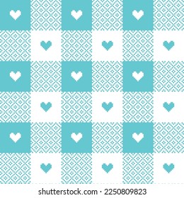 Blue heart shape on blue and white checker pattern background. Happy Valentine's day. Heart pattern backdrop.