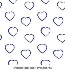 Blue Heart shaped brush stroke seamless pattern background for fashion textiles, graphics