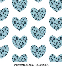 Blue heart with shapes, romantic pattern on a white background.