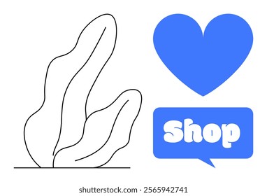 Blue heart and speech bubble with text Shop next to abstract plant drawing. Ideal for online shopping, e-commerce, retail promotions, nature themes, modern minimalist design. Simple vector style