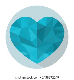 Blue heart in style low-poly on a light blue background in white round frame. Cold heart