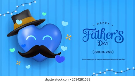 Blue heart symbol with a hat and mustache on a striped background. Perfect for Fathers Day greetings, celebration designs, and festive artwork. Includes cheerful elements and event details.
