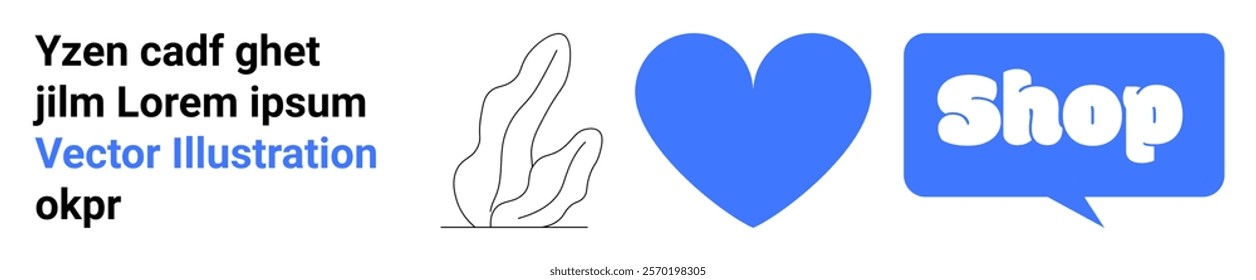 Blue heart symbol and blue shop text within a speech bubble. Ideal for e-commerce, online shopping, retail, marketing, and promotions. Banner for landing page