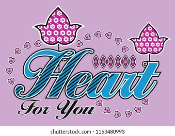 Blue heart text with around patterned flower and shapes. Vector illustration.