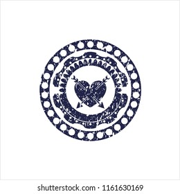 Blue heart with two arrows icon inside distressed rubber grunge stamp