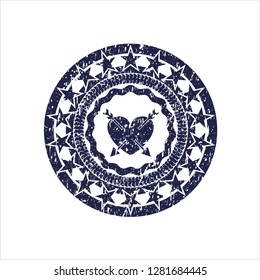 Blue heart with two arrows icon inside distress rubber grunge texture stamp