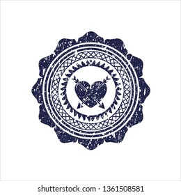 Blue heart with two arrows icon inside distress rubber grunge stamp