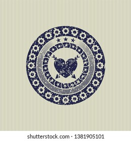 Blue heart with two arrows icon inside distressed rubber stamp