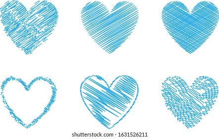 Blue heart vector. Hand drawn love icon isolated. Collection of heart icon hand drawn vector for love logo, heart symbol, doodle icon, greeting card and Valentine's day. Painted grunge vector shape