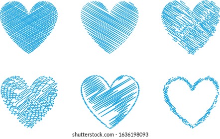 Blue heart vector. Hand drawn love icon isolated. Collection of heart icon hand drawn vector for love logo, heart symbol, doodle icon, greeting card and Valentine's day. Painted grunge vector shape