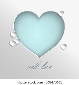 Blue heart vector illustration on white background for valentine's day, mother's day or women's day greeting card, paper cut out art style. Caption with love