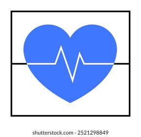 Blue heart with white ECG line inside a black-bordered rectangle on a white background. Ideal for healthcare, cardiology, medical services, wellness, and medical technology themes. Simplistic, minimal