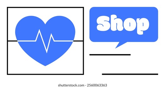 A blue heart with a white heartbeat line next to a blue chat bubble with the word Shop inside. Ideal for health, medical, fitness, ecommerce, and shopping themes. Simple and clean vector style