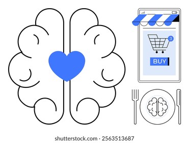 Blue heart within a brain, a shopping cart on a smartphone with a blue buy button, plate with brain design beside cutlery. Ideal for cognitive health, e-commerce, nutrition, technology, lifestyle