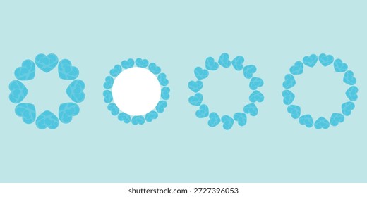 Blaues Herz Kranzrahmen-Set, modernes Schreibwaren-Set. Cooler Herzkranz, Karten und Stoff. Herzringvektor, blaue Rahmen für Drucke