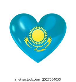 Corazón azul con sol amarillo y águila. Símbolo de amor Kazajistán. Botón de la bandera del corazón 3D aislado en el fondo blanco. Insignia brillante con los símbolos estatales de Kazajistán. Ilustración vectorial realista